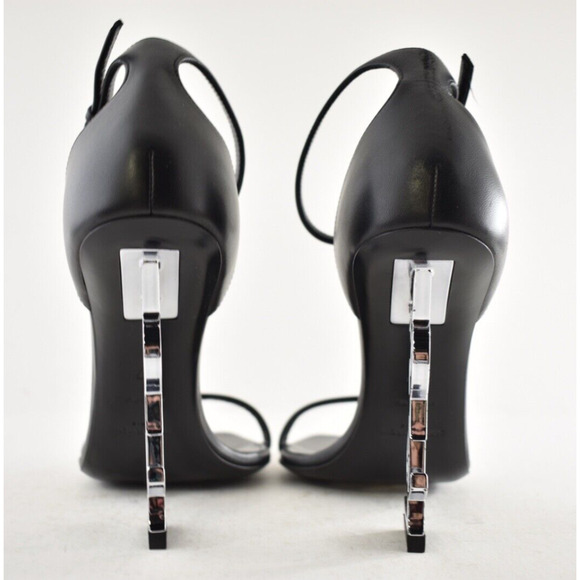 Saint Laurent Opyum 110 Black Leather Silver YSL Logo Strap Sandal Heel Pump 37 - Picture 10 of 11